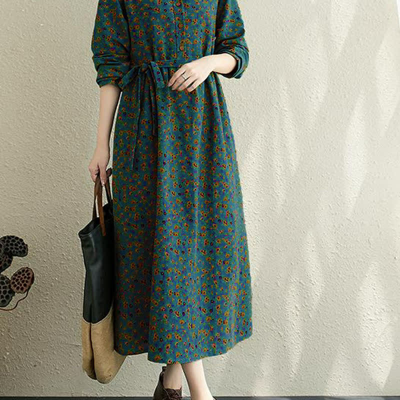 Buddha Stones Vestido de mujer informal de otoño, estilo vintage, con botones, estampado floral, manga larga y bolsillo. - image 14