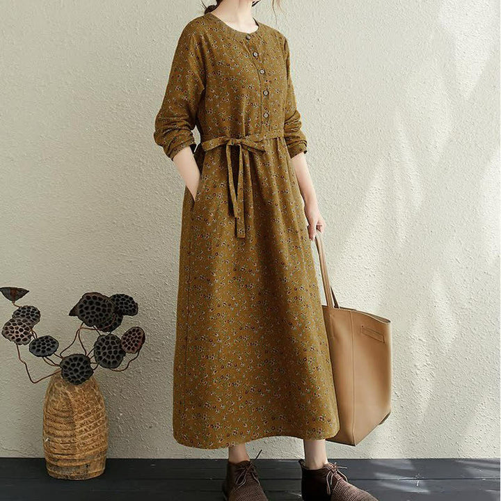 Buddha Stones Vestido de mujer informal de otoño, estilo vintage, con botones, estampado floral, manga larga y bolsillo. - image 1