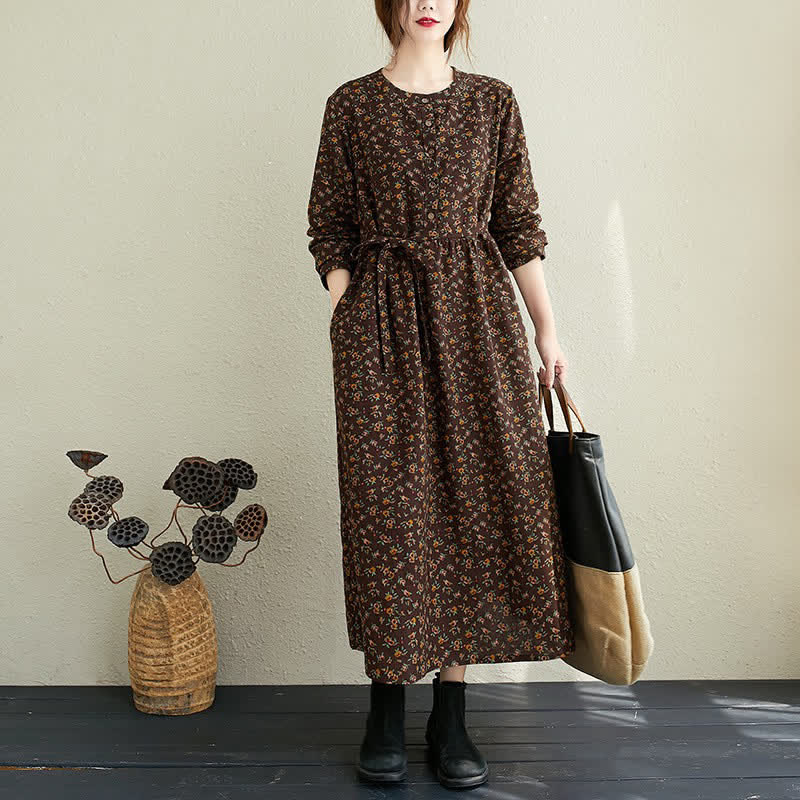 Buddha Stones Vestido de mujer informal de otoño, estilo vintage, con botones, estampado floral, manga larga y bolsillo. - Marrón silla de montar - US12. 12-14, UK/AU16 16-18, UE 42-44 (3XL) - image 15