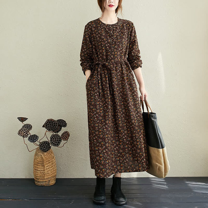 Buddha Stones Vestido de mujer informal de otoño, estilo vintage, con botones, estampado floral, manga larga y bolsillo. - Marrón silla de montar - US12. 12-14, UK/AU16 16-18, UE 42-44 (3XL) - image 15