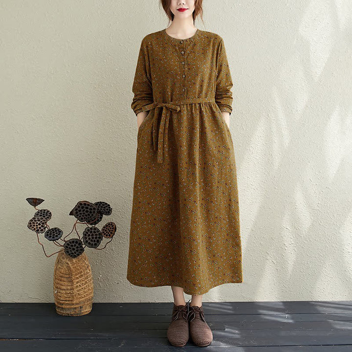 Buddha Stones Vestido de mujer informal de otoño, estilo vintage, con botones, estampado floral, manga larga y bolsillo. - image 2