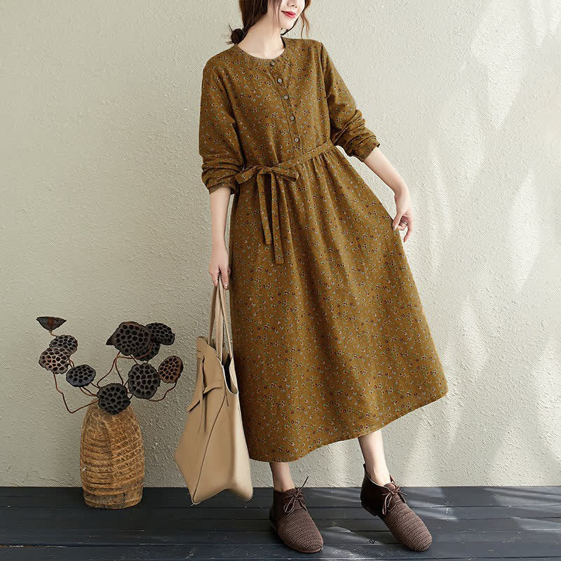 Buddha Stones Vestido de mujer informal de otoño, estilo vintage, con botones, estampado floral, manga larga y bolsillo. - Caqui oscuro - US12. 12-14, UK/AU16 16-18, UE 42-44 (3XL) - image 0