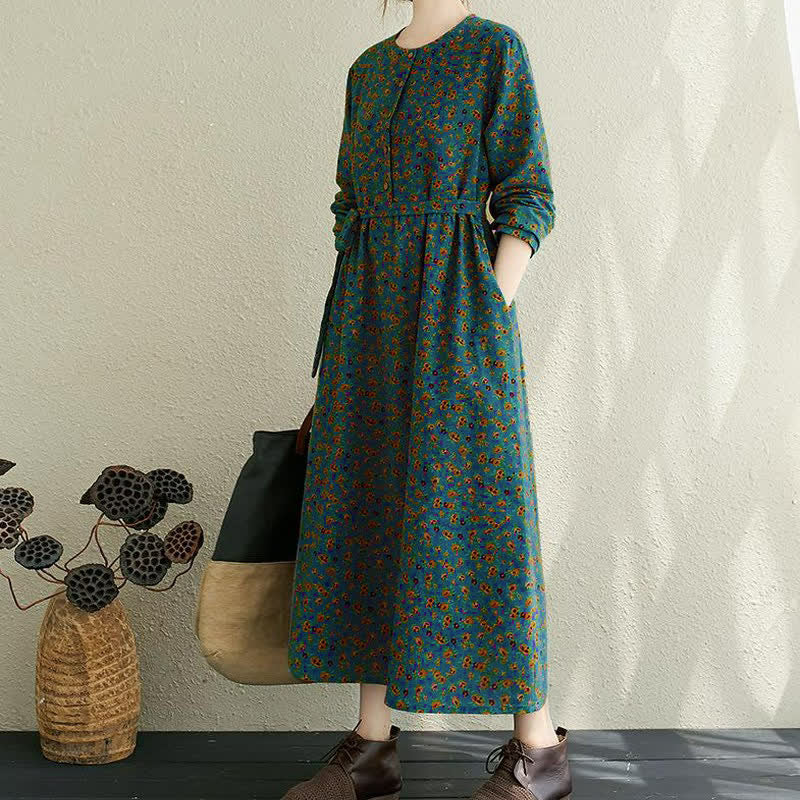 Buddha Stones Vestido de mujer informal de otoño, estilo vintage, con botones, estampado floral, manga larga y bolsillo. - image 13