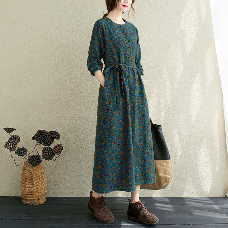 Buddha Stones Vestido de mujer informal de otoño, estilo vintage, con botones, estampado floral, manga larga y bolsillo. - Verde azulado - US12. 12-14, UK/AU16 16-18, UE 42-44 (3XL) - image 12