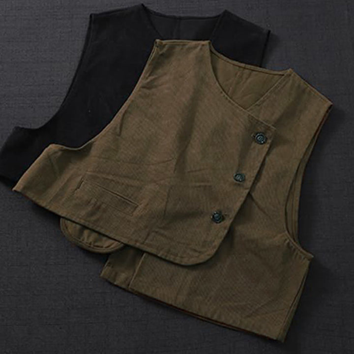 Buddha Stones Camiseta sin mangas minimalista de estilo veraniego Tang con botones y bolsillo. - image 12