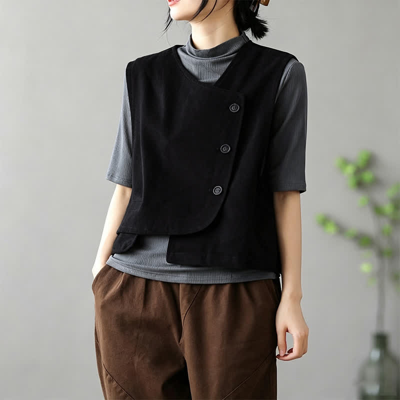 Buddha Stones Camiseta sin mangas minimalista de estilo veraniego Tang con botones y bolsillo. - image 11