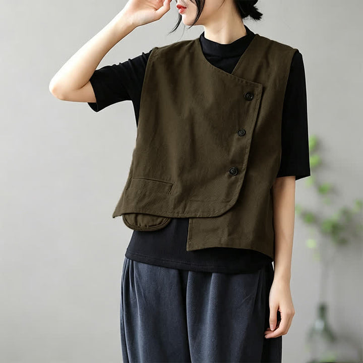 Buddha Stones Camiseta sin mangas minimalista de estilo veraniego Tang con botones y bolsillo. - image 2