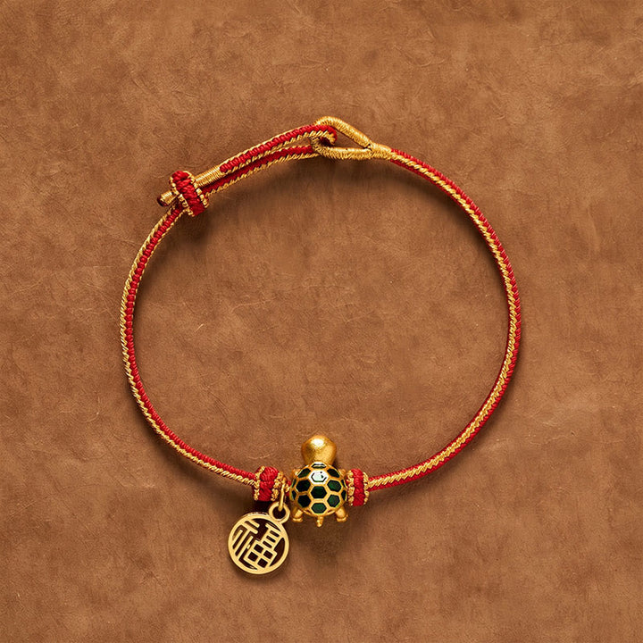 Buddha Stones Pulsera de la suerte trenzada con forma de tortuga y cadena roja de cobre Fu - Personaje de Round Fu - image 1