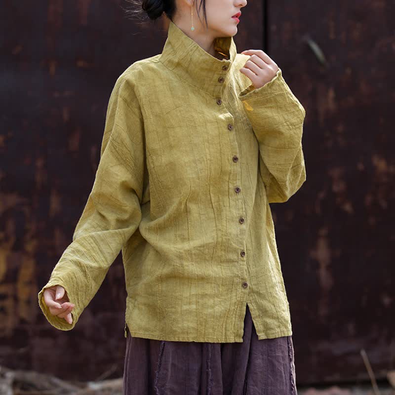 Buddha Stones Camisas de manga larga para mujer de ramio liso, estilo casual Tang, con cuello mandarín, ideales para primavera y otoño. - image 2