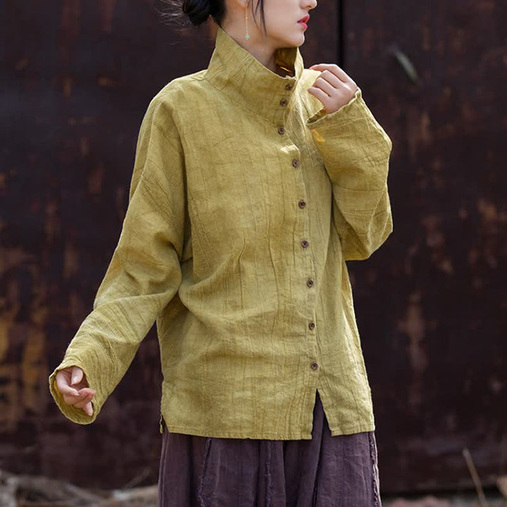 Buddha Stones Camisas de manga larga para mujer de ramio liso, estilo casual Tang, con cuello mandarín, ideales para primavera y otoño. - image 2