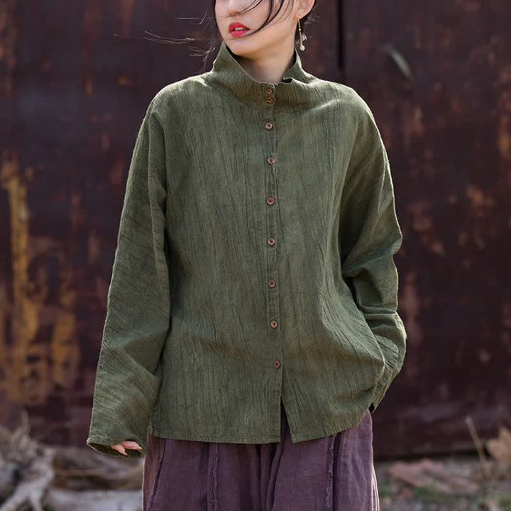 Buddha Stones Camisas de manga larga para mujer de ramio liso, estilo casual Tang, con cuello mandarín, ideales para primavera y otoño. - image 6