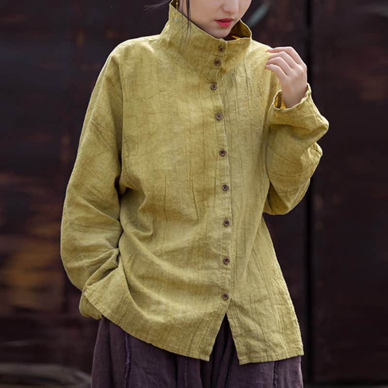 Buddha Stones Camisas de manga larga para mujer de ramio liso, estilo casual Tang, con cuello mandarín, ideales para primavera y otoño. - Caqui oscuro - US4-8/10, UK/AU8-12/14, EU36-40/42 (F) - image 0