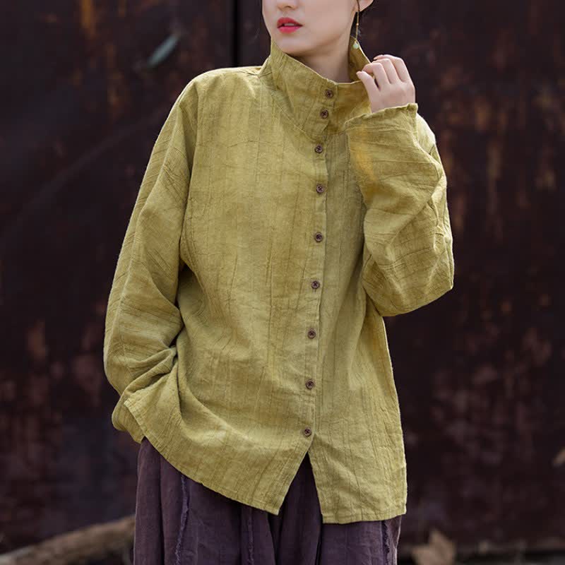 Buddha Stones Camisas de manga larga para mujer de ramio liso, estilo casual Tang, con cuello mandarín, ideales para primavera y otoño. - image 1