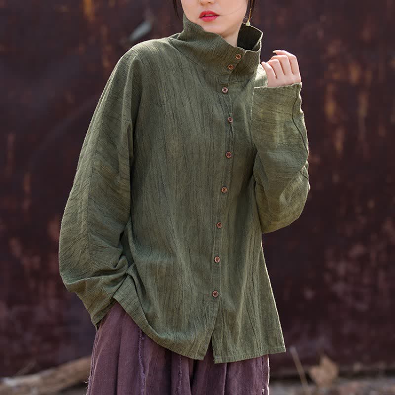 Buddha Stones Camisas de manga larga para mujer de ramio liso, estilo casual Tang, con cuello mandarín, ideales para primavera y otoño. - Verde oliva oscuro - US4-8/10, UK/AU8-12/14, EU36-40/42 (F) - image 5