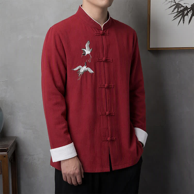 Buddha Stones Camisas de manga larga para hombre estilo vintage Tang con botones de rana y bordado de grulla, ideales para primavera y otoño. - Carmesí - US/UK/AU46, EU56 (5XL) - image 0