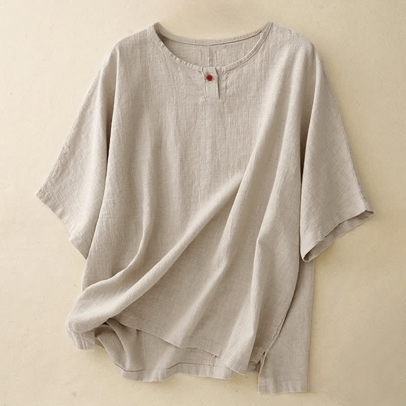 Camiseta informal de manga corta con cuello redondo y diseño holgado para mujer con estampado de Buddha Stones. - Lino - Media manga - US14，UK/AU18，EU46 (2XL) - image 0