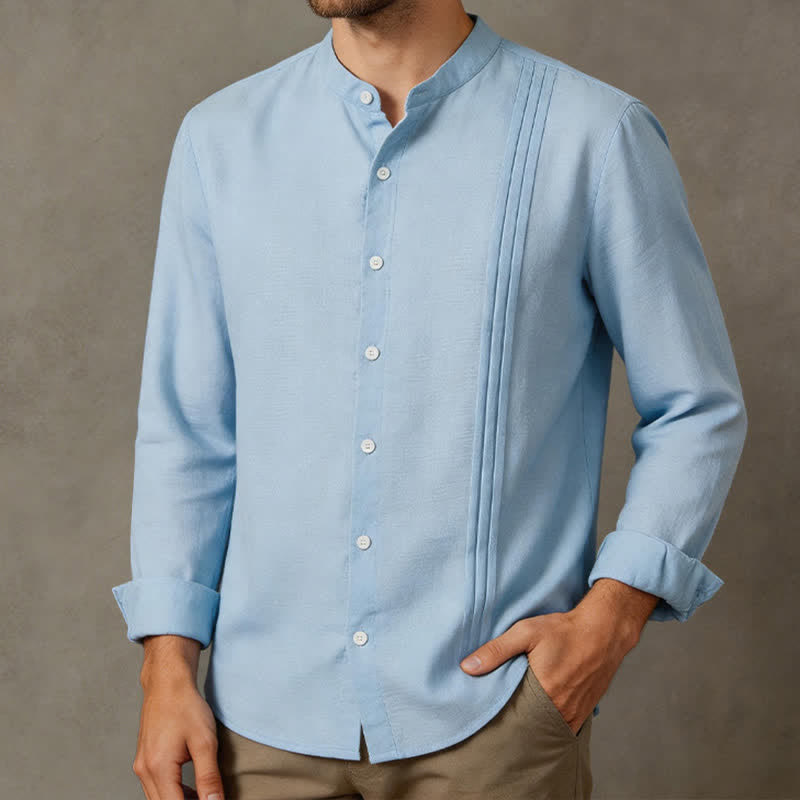 Buddha Stones Camisas de manga larga para hombre, estilo casual, con cuello mandarín y botones, de color liso, estilo otoño Tang. - Azul claro - US/UK/AU40, EU50 (2XL) - image 0