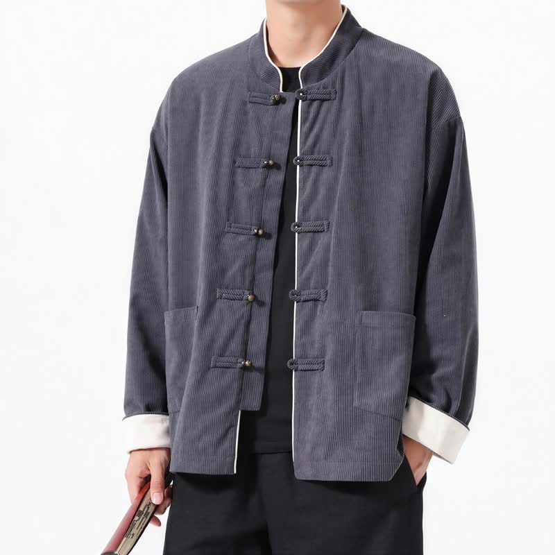 Chaquetas de hombre de pana lisa estilo Tang con botones de rana, estilo casual de otoño/invierno, con estampado de Buddha Stones y bolsillo. - Gris oscuro - US/UK/AU46, EU56 (5XL) - image 0