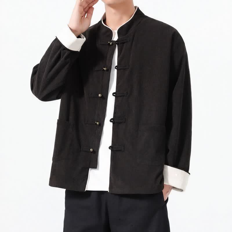 Chaquetas de hombre de pana lisa estilo Tang con botones de rana, estilo casual de otoño/invierno, con estampado de Buddha Stones y bolsillo. - image 13