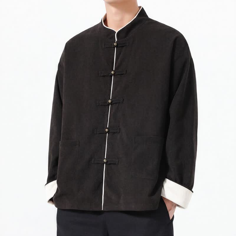 Chaquetas de hombre de pana lisa estilo Tang con botones de rana, estilo casual de otoño/invierno, con estampado de Buddha Stones y bolsillo. - image 11