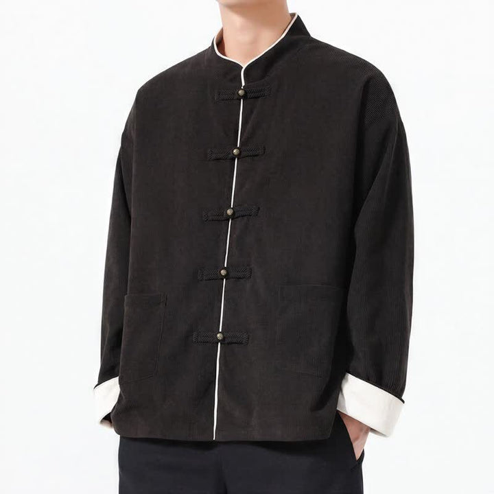Chaquetas de hombre de pana lisa estilo Tang con botones de rana, estilo casual de otoño/invierno, con estampado de Buddha Stones y bolsillo. - image 11