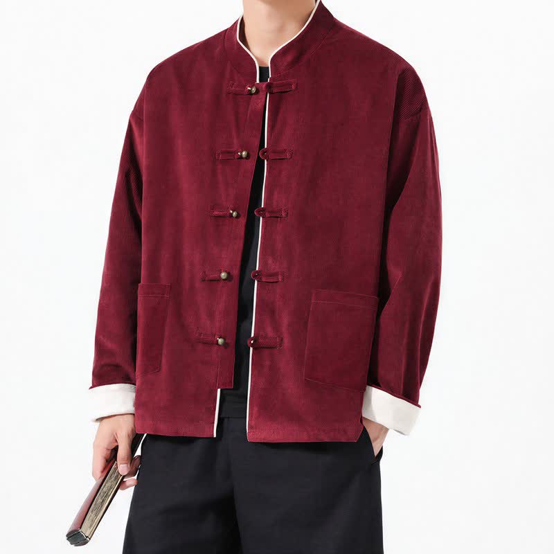 Chaquetas de hombre de pana lisa estilo Tang con botones de rana, estilo casual de otoño/invierno, con estampado de Buddha Stones y bolsillo. - Granate - US/UK/AU46, EU56 (5XL) - image 6