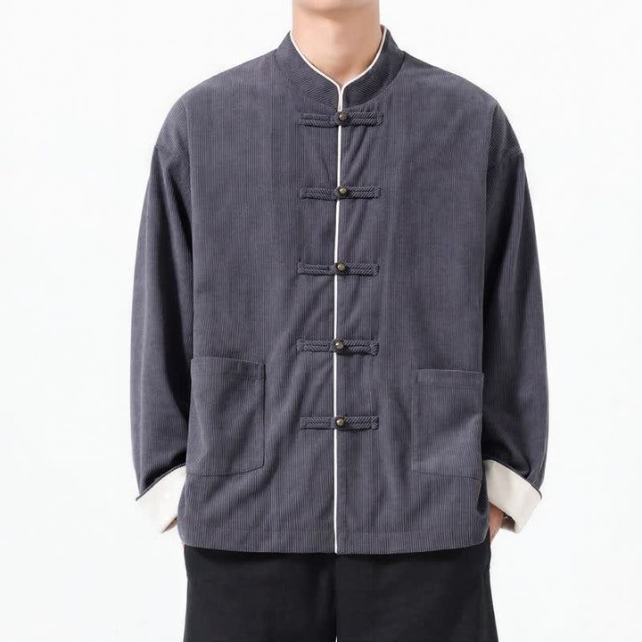 Chaquetas de hombre de pana lisa estilo Tang con botones de rana, estilo casual de otoño/invierno, con estampado de Buddha Stones y bolsillo. - image 3