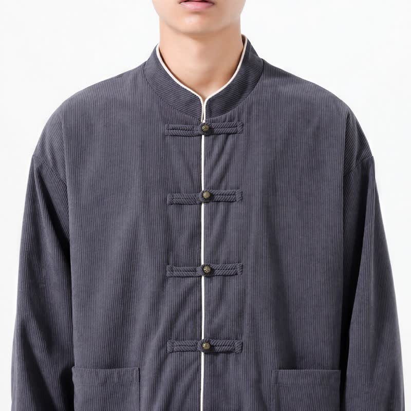 Chaquetas de hombre de pana lisa estilo Tang con botones de rana, estilo casual de otoño/invierno, con estampado de Buddha Stones y bolsillo. - image 4