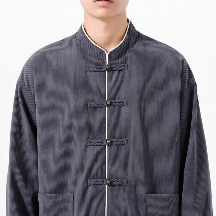 Chaquetas de hombre de pana lisa estilo Tang con botones de rana, estilo casual de otoño/invierno, con estampado de Buddha Stones y bolsillo. - image 4