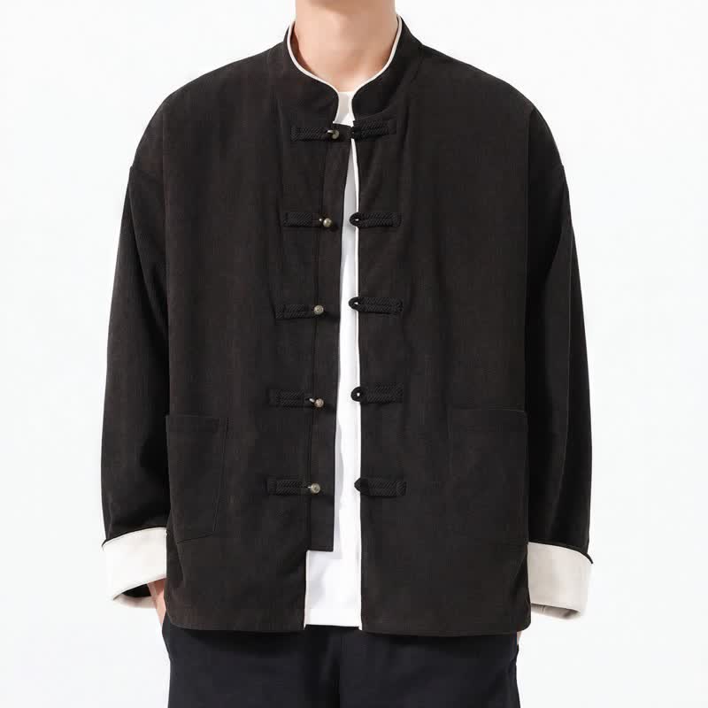 Chaquetas de hombre de pana lisa estilo Tang con botones de rana, estilo casual de otoño/invierno, con estampado de Buddha Stones y bolsillo. - Negro - US/UK/AU46, EU56 (5XL) - image 10