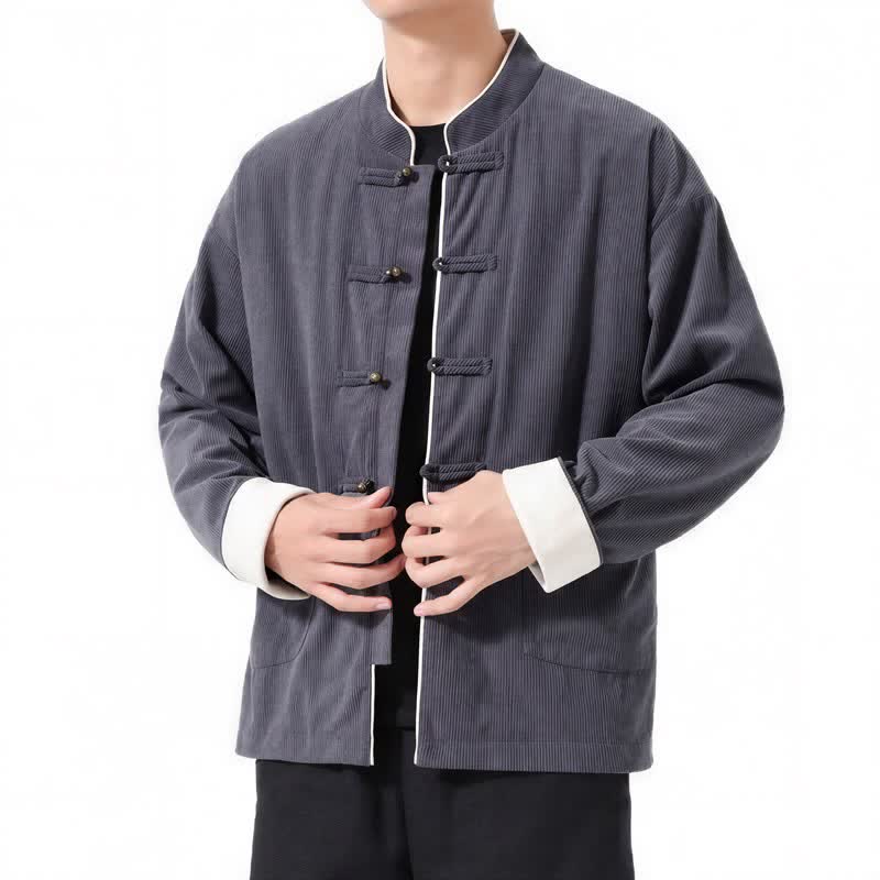 Chaquetas de hombre de pana lisa estilo Tang con botones de rana, estilo casual de otoño/invierno, con estampado de Buddha Stones y bolsillo. - image 2