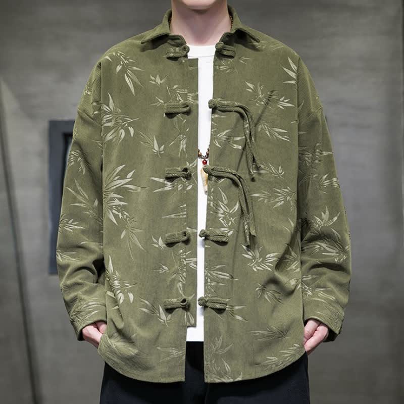 Camisas de manga larga para hombre de pana con estampado floral y botones de rana, estilo casual Tang, con estampado de Buddha Stones, ideales para otoño e invierno. - Verde oliva oscuro - US/UK/AU46, EU56 (5XL) - image 0
