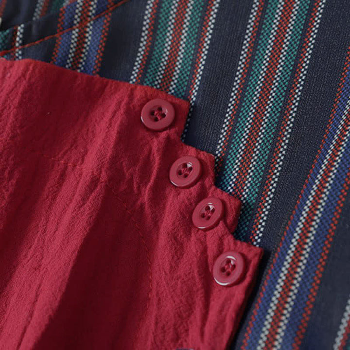 Buddha Stones Vestido de manga larga para mujer, estilo casual, con botones, nudo y rayas rojas de colores, ideal para otoño. - image 4