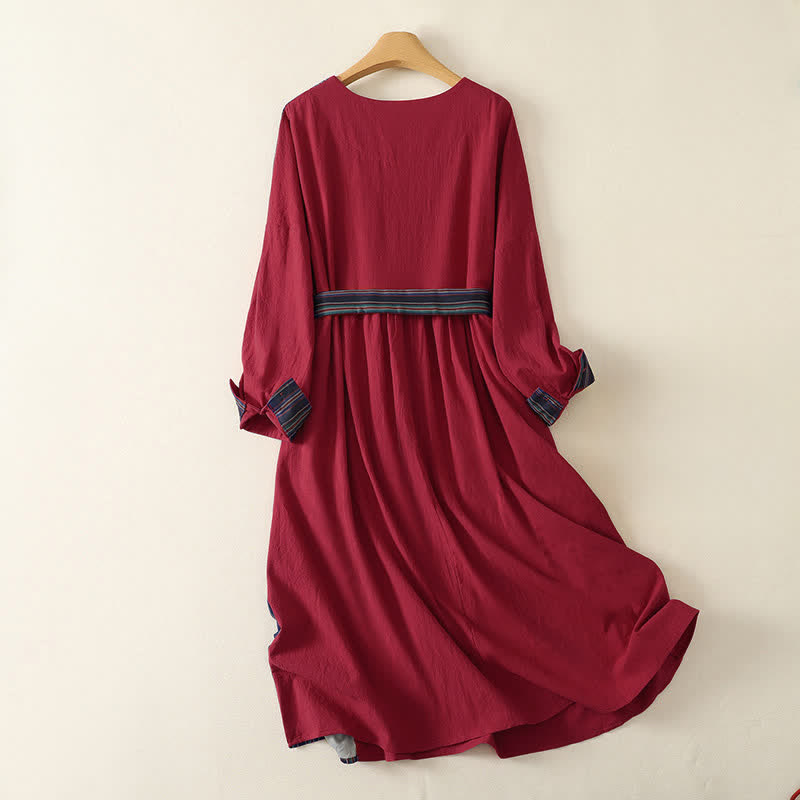 Buddha Stones Vestido de manga larga para mujer, estilo casual, con botones, nudo y rayas rojas de colores, ideal para otoño. - image 1