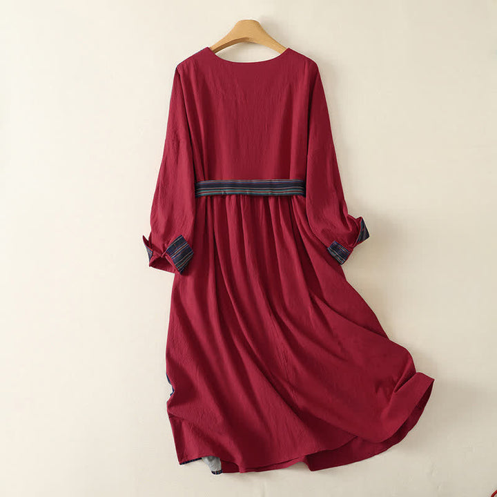 Buddha Stones Vestido de manga larga para mujer, estilo casual, con botones, nudo y rayas rojas de colores, ideal para otoño. - image 1