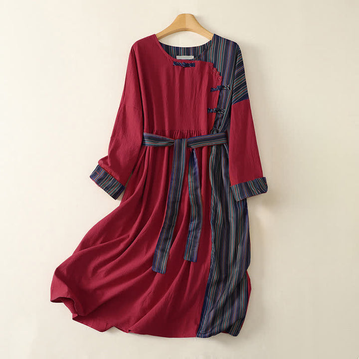 Buddha Stones Vestido de manga larga para mujer, estilo casual, con botones, nudo y rayas rojas de colores, ideal para otoño. - Ladrillo refractario - US12, UK/AU16, EU44 (2XL) - image 0