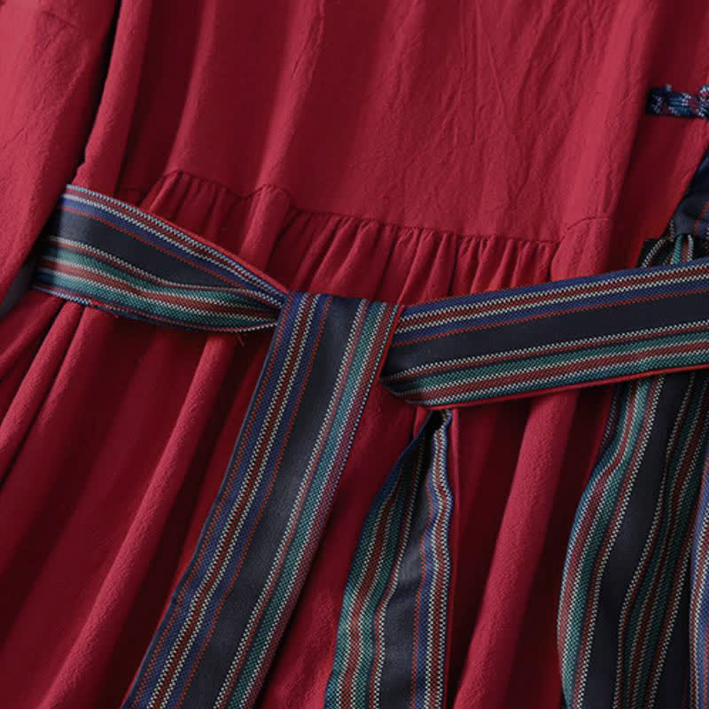 Buddha Stones Vestido de manga larga para mujer, estilo casual, con botones, nudo y rayas rojas de colores, ideal para otoño. - image 6