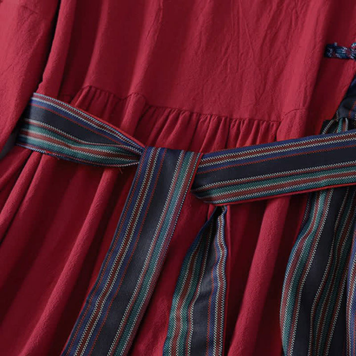 Buddha Stones Vestido de manga larga para mujer, estilo casual, con botones, nudo y rayas rojas de colores, ideal para otoño. - image 6