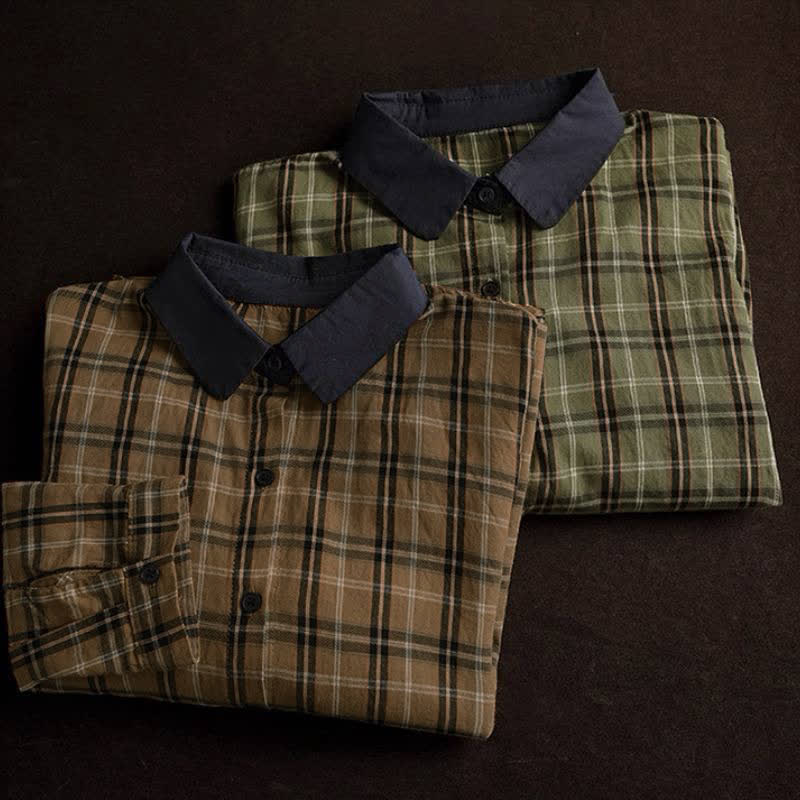 Buddha Stones Camisa de manga larga para mujer, estilo casual vintage, con botones, cuello en contraste y estampado a cuadros. - image 17
