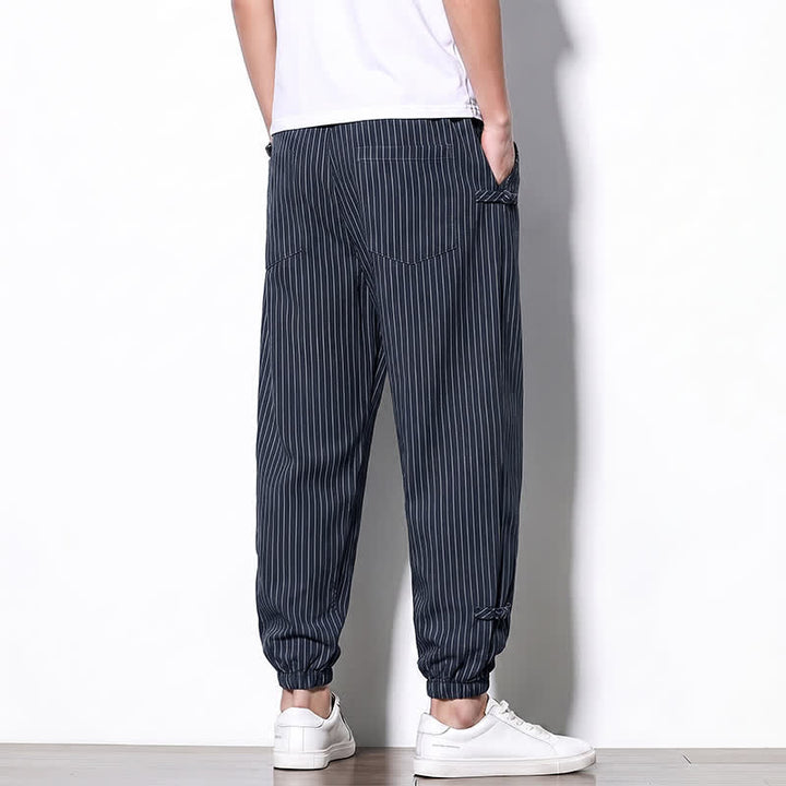 Buddha Stones Pantalones cortos básicos de manga larga a rayas con cordón ajustable para hombre, estilo primavera-verano, corte ajustado y con bolsillos. - image 2