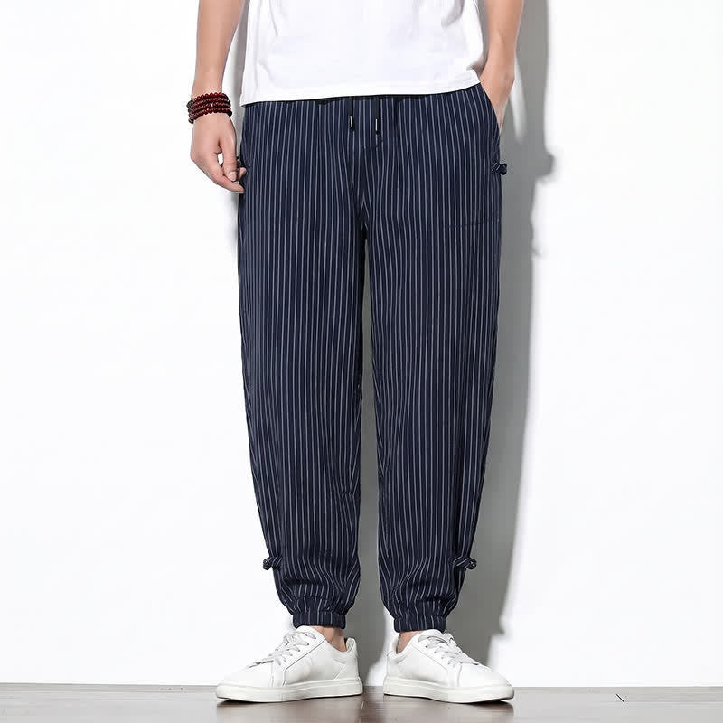Buddha Stones Pantalones cortos básicos de manga larga a rayas con cordón ajustable para hombre, estilo primavera-verano, corte ajustado y con bolsillos. - Azul medianoche - US/UK/AU46, EU56 (5XL) - image 0