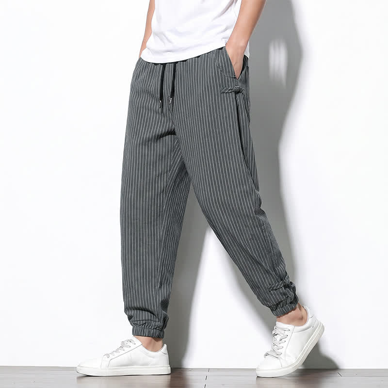 Buddha Stones Pantalones cortos básicos de manga larga a rayas con cordón ajustable para hombre, estilo primavera-verano, corte ajustado y con bolsillos. - image 12