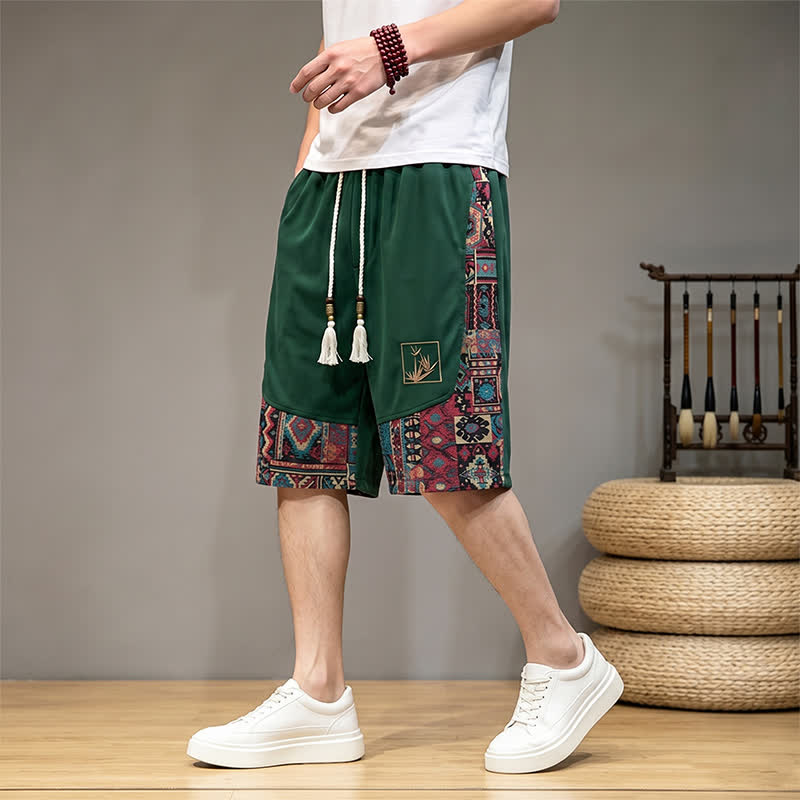 Buddha Stones Pantalones cortos de verano estilo bohemio para hombre con cintura elástica, cordón ajustable, ribete geométrico y bolsillos. - Verde bosque - US/UK/AU46, EU56 (5XL) - image 0