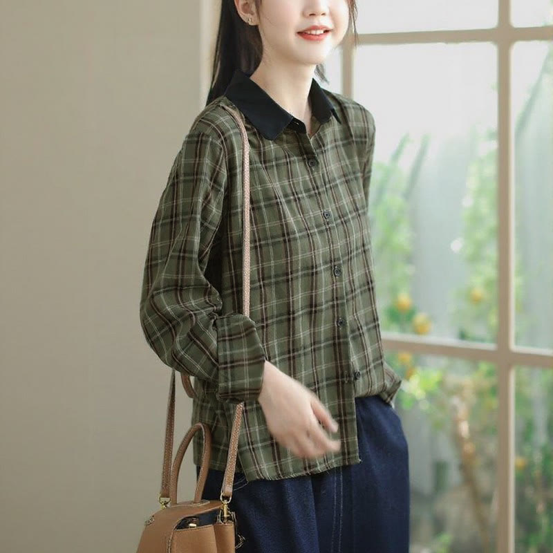 Buddha Stones Camisa de manga larga para mujer, estilo casual vintage, con botones, cuello en contraste y estampado a cuadros. - image 10