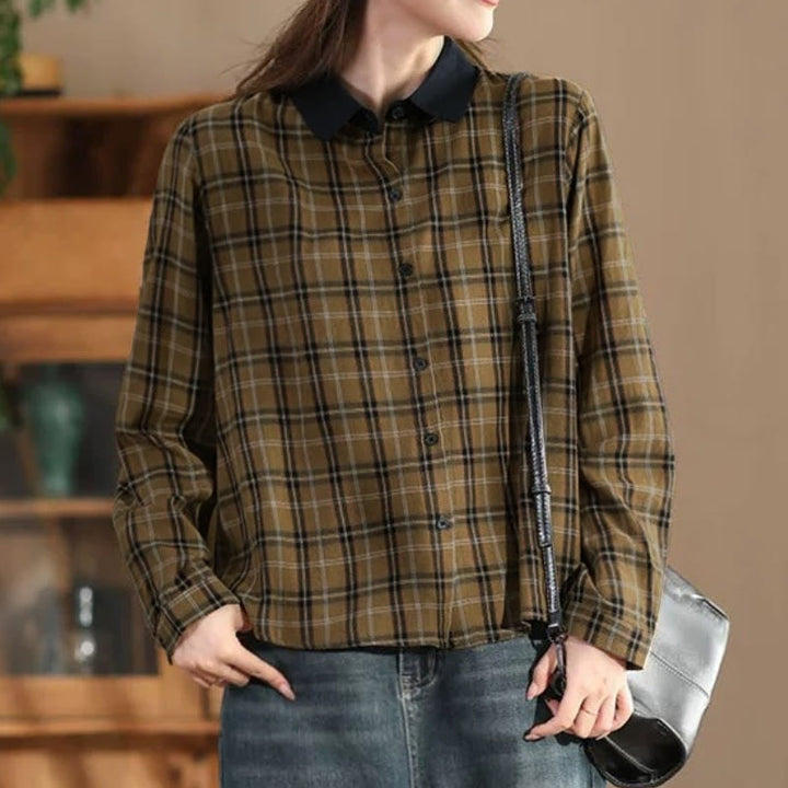 Buddha Stones Camisa de manga larga para mujer, estilo casual vintage, con botones, cuello en contraste y estampado a cuadros. - image 1