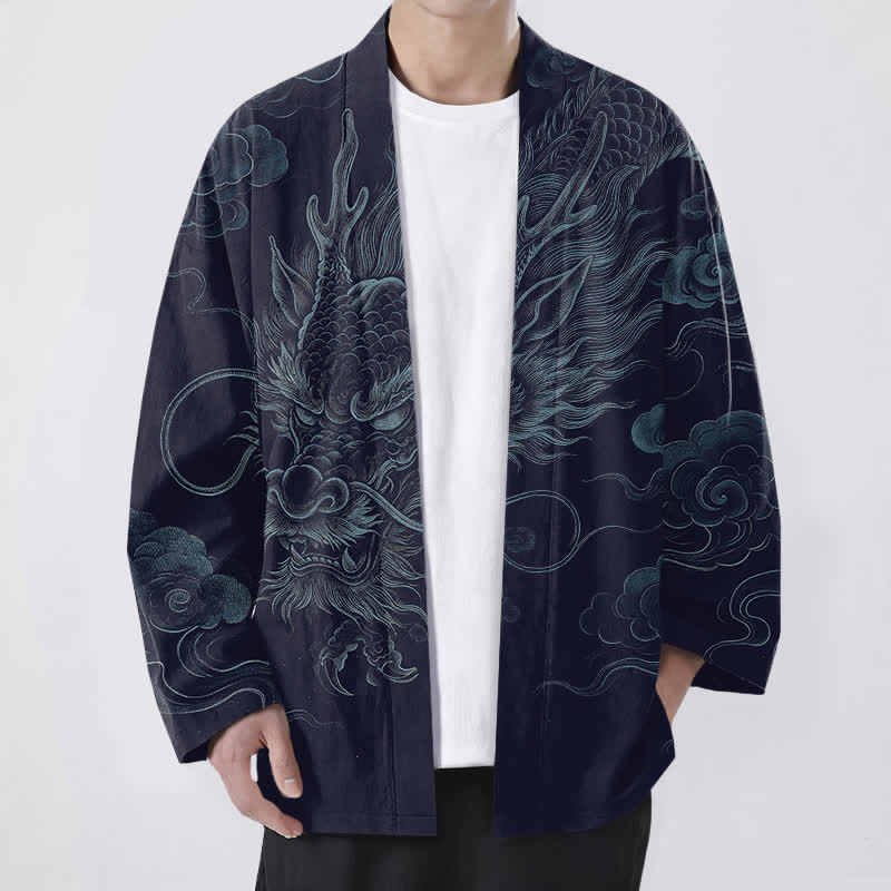 Buddha Stones Kimono de algodón con estampado de niebla de dragón antiguo y frente abierto para hombre - Marina de guerra - US/UK/AU48, UE58 (4XL) - image 0