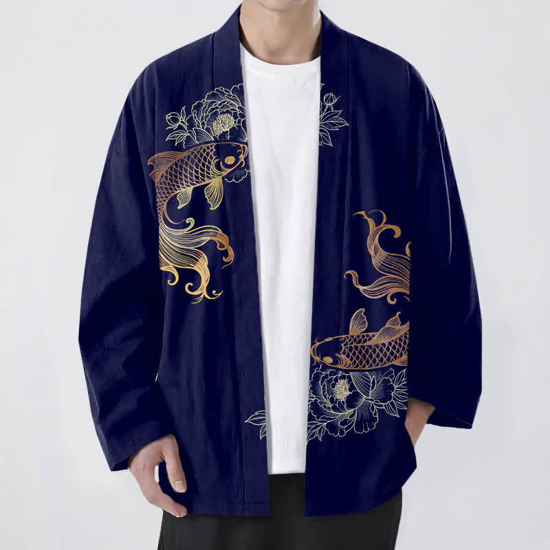 Buddha Stones Kimono de hombre de algodón con estampado de flores de koi y frente abierto. - Marina de guerra - US/UK/AU48, UE58 (4XL) - image 0
