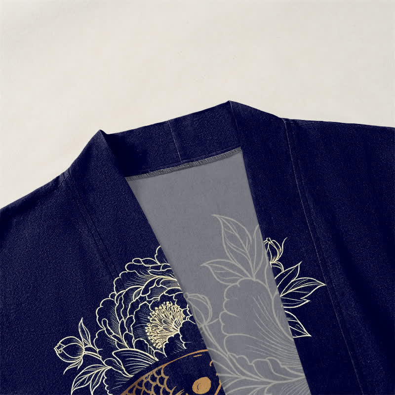 Buddha Stones Kimono de hombre de algodón con estampado de flores de koi y frente abierto. - image 3