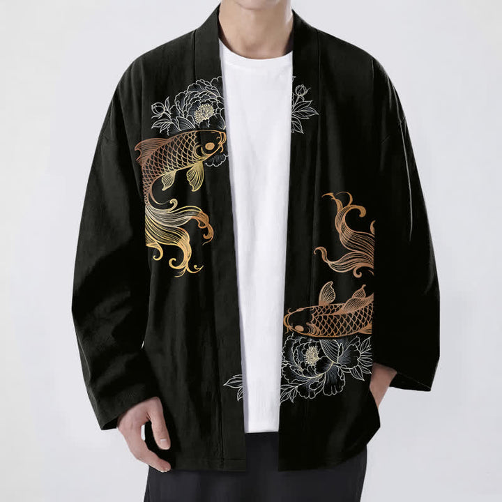 Buddha Stones Kimono de hombre de algodón con estampado de flores de koi y frente abierto. - Negro - US/UK/AU48, UE58 (4XL) - image 6