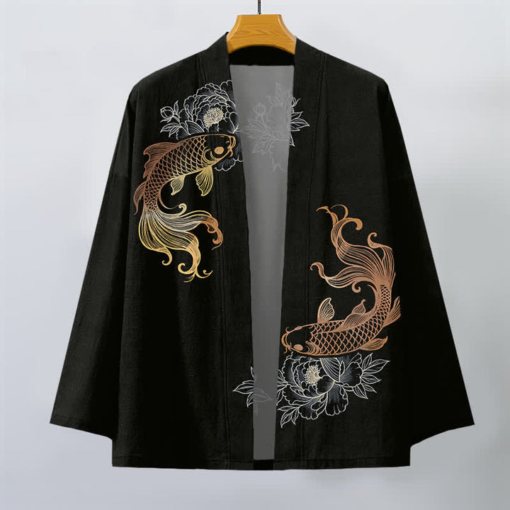 Buddha Stones Kimono de hombre de algodón con estampado de flores de koi y frente abierto. - image 7